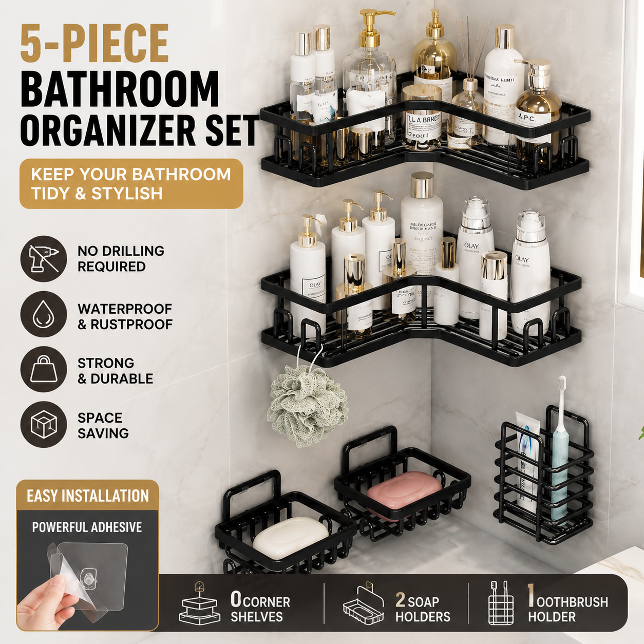 5-Piece Adhesive Bathroom Organizer Set – Rustproof Corner Shower Caddy & Soap Holder Storage Rack