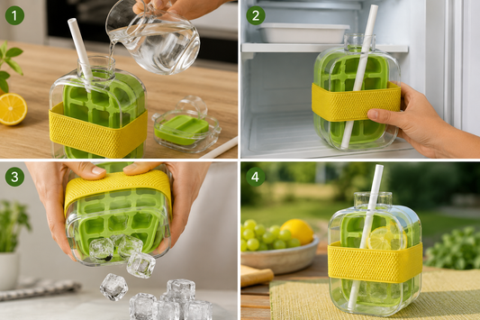 2-in-1 Ice Cube Water Bottle with Straw | Push-Release Portable Ice Maker