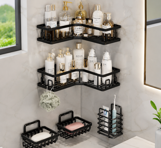 5-Piece Adhesive Bathroom Organizer Set – Rustproof Corner Shower Caddy & Soap Holder Storage Rack