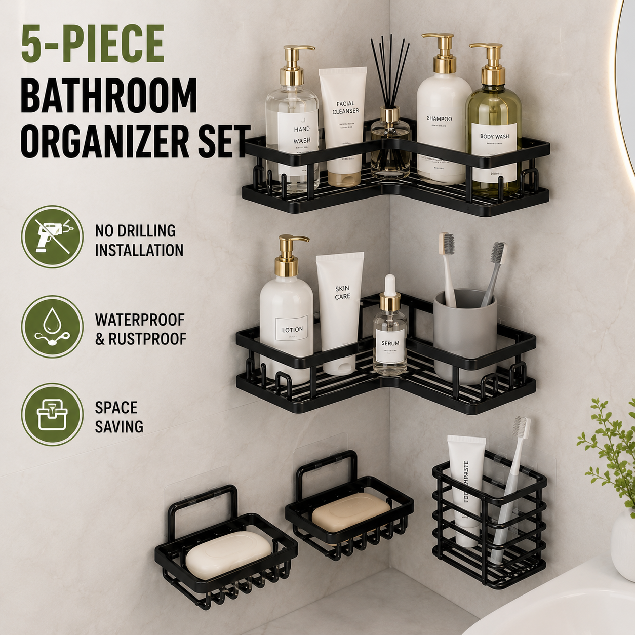 5-Piece Adhesive Bathroom Organizer Set – Rustproof Corner Shower Caddy & Soap Holder Storage Rack