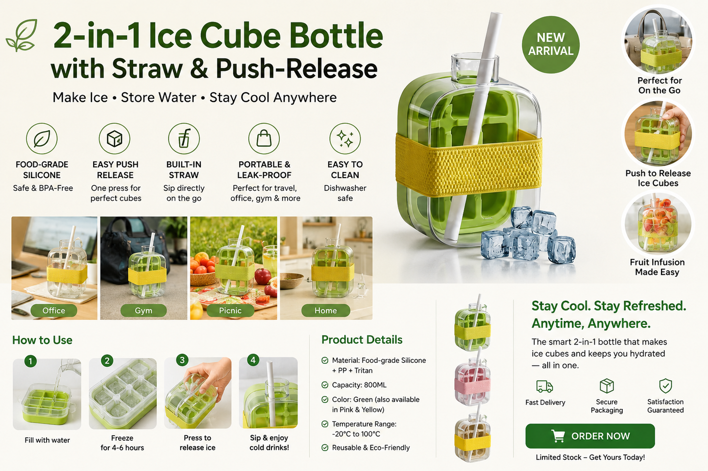 2-in-1 Ice Cube Water Bottle with Straw | Push-Release Portable Ice Maker