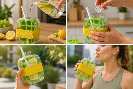 2-in-1 Ice Cube Water Bottle with Straw | Push-Release Portable Ice Maker