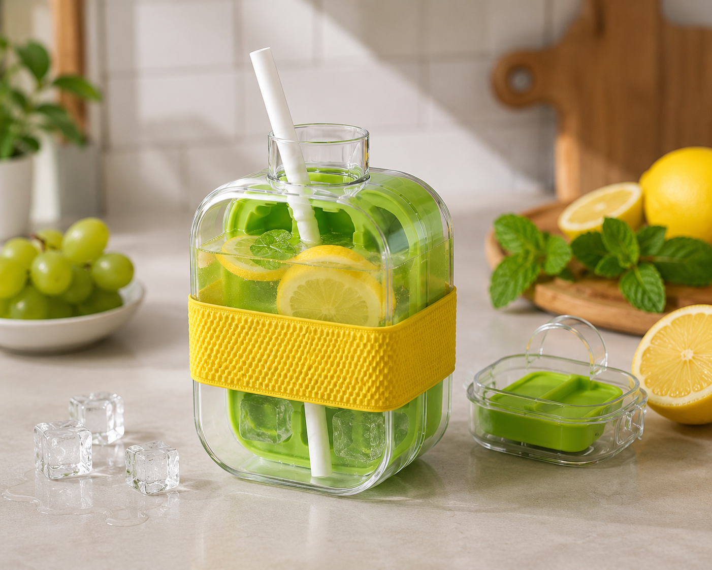 2-in-1 Ice Cube Water Bottle with Straw | Push-Release Portable Ice Maker